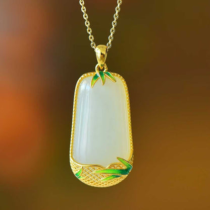 925 Silver-Inlaid Hetian Jade Pendant (Trapezoidal Peace Plaque, "Magnolia & Bamboo Convey Peace" Design)