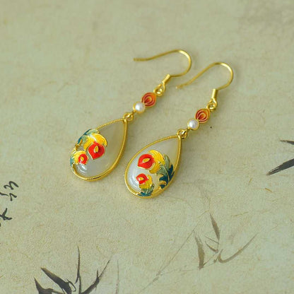 925 Silver Inlaid Nephrite "Falling Feathers" Teardrop Earrings