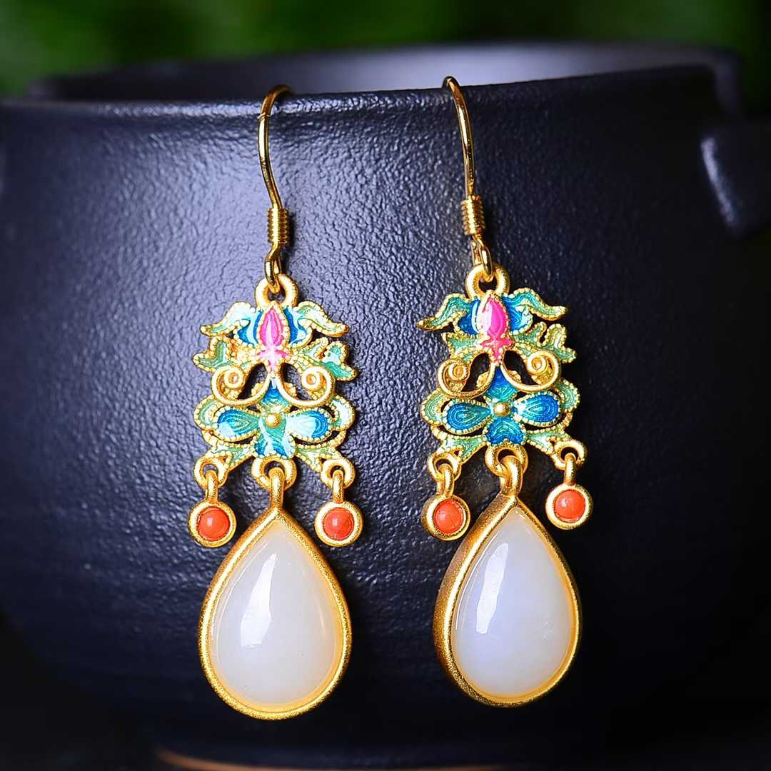 925 Silver Inlaid Hetian Jade Cabochon and Enamel Teardrop Earrings