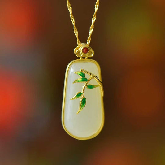 925 Silver-Inlaid Hetian Jade Pendant (Trapezoidal Peace Plaque, "Bamboo Conveys Peace" Design)