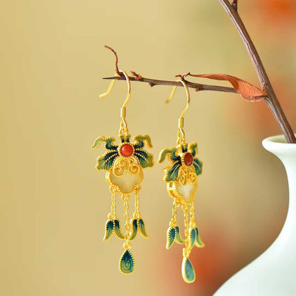 925 Silver Inlaid Green Hetian Nephrite "Maple Tree Shade" Enamel Dangle Earrings