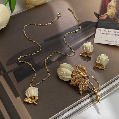 Elegant tulip flower silver needle earrings ladies necklace