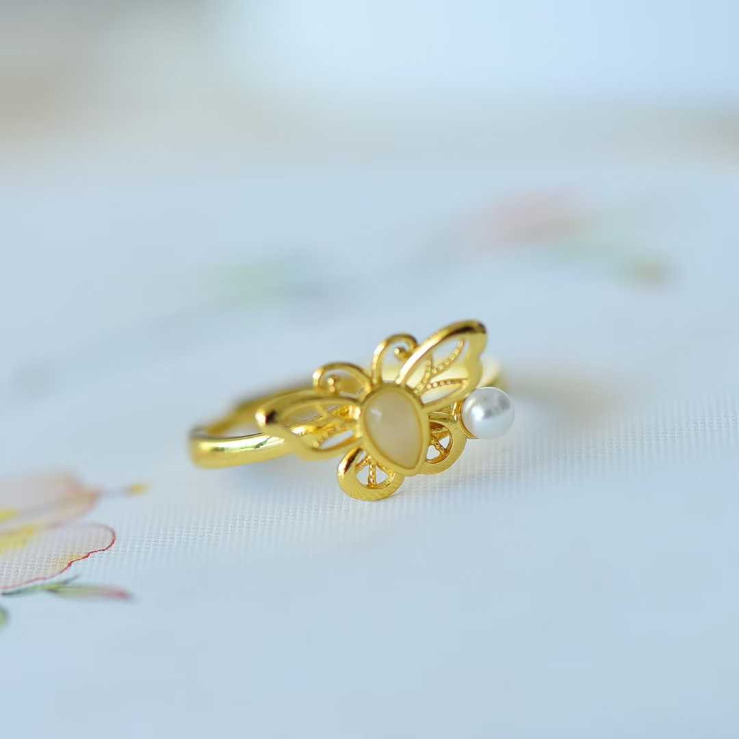 925 Silver Inlaid Hetian Nephrite "Water Drop & Butterfly" Hollow-Out Ring