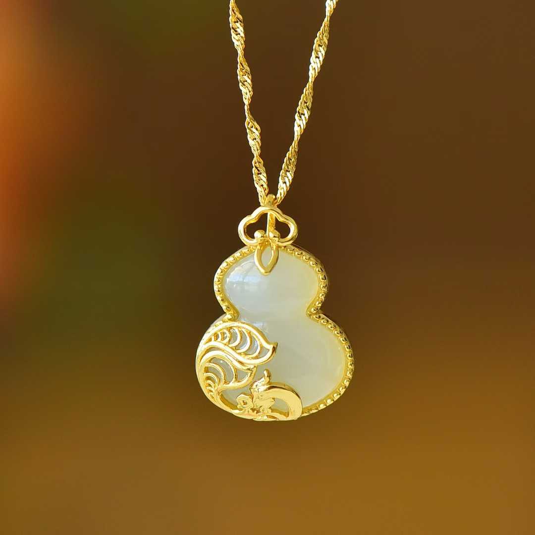 S925 Silver Inlaid Hetian Nephrite "Gourd & Phoenix" Pendant