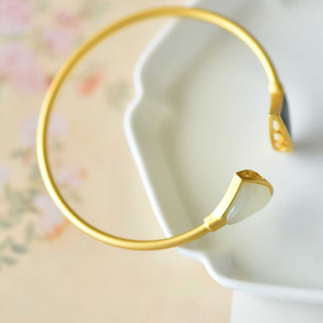 925 Silver Inlaid Hetian Nephrite "Fan-Shaped Enamel & Matt Gold" Bracelet