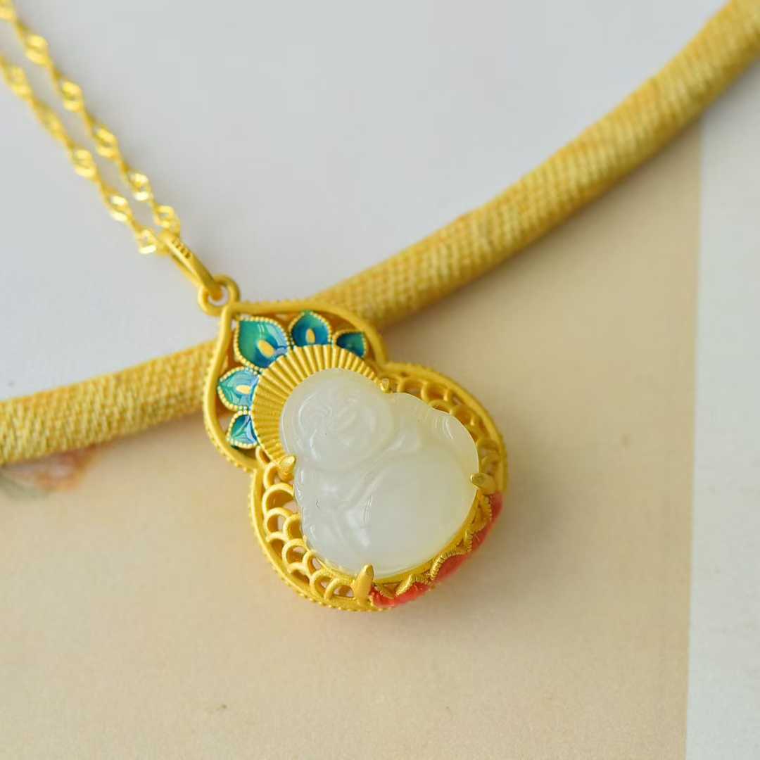 925 Silver Inlaid Hetian Nephrite "Maitreya Buddha & Gourd Enamel" Pendant