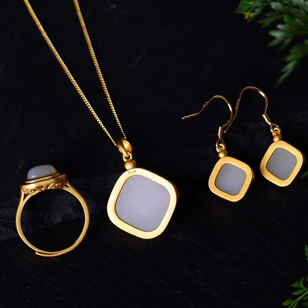 925 Silver Inlaid Hetian Jade Set