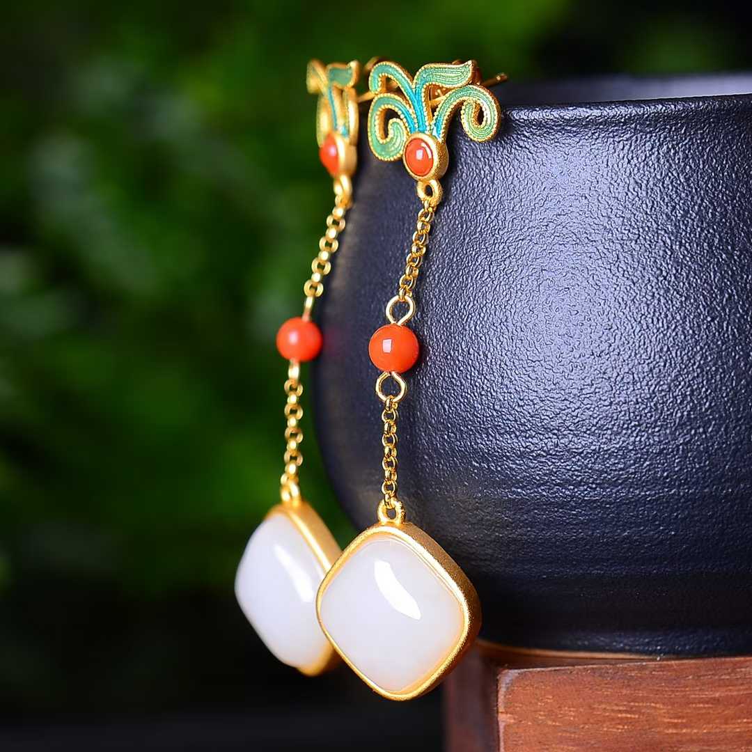 925 Silver Inlaid Natural Nephrite Drum-Face Earrings