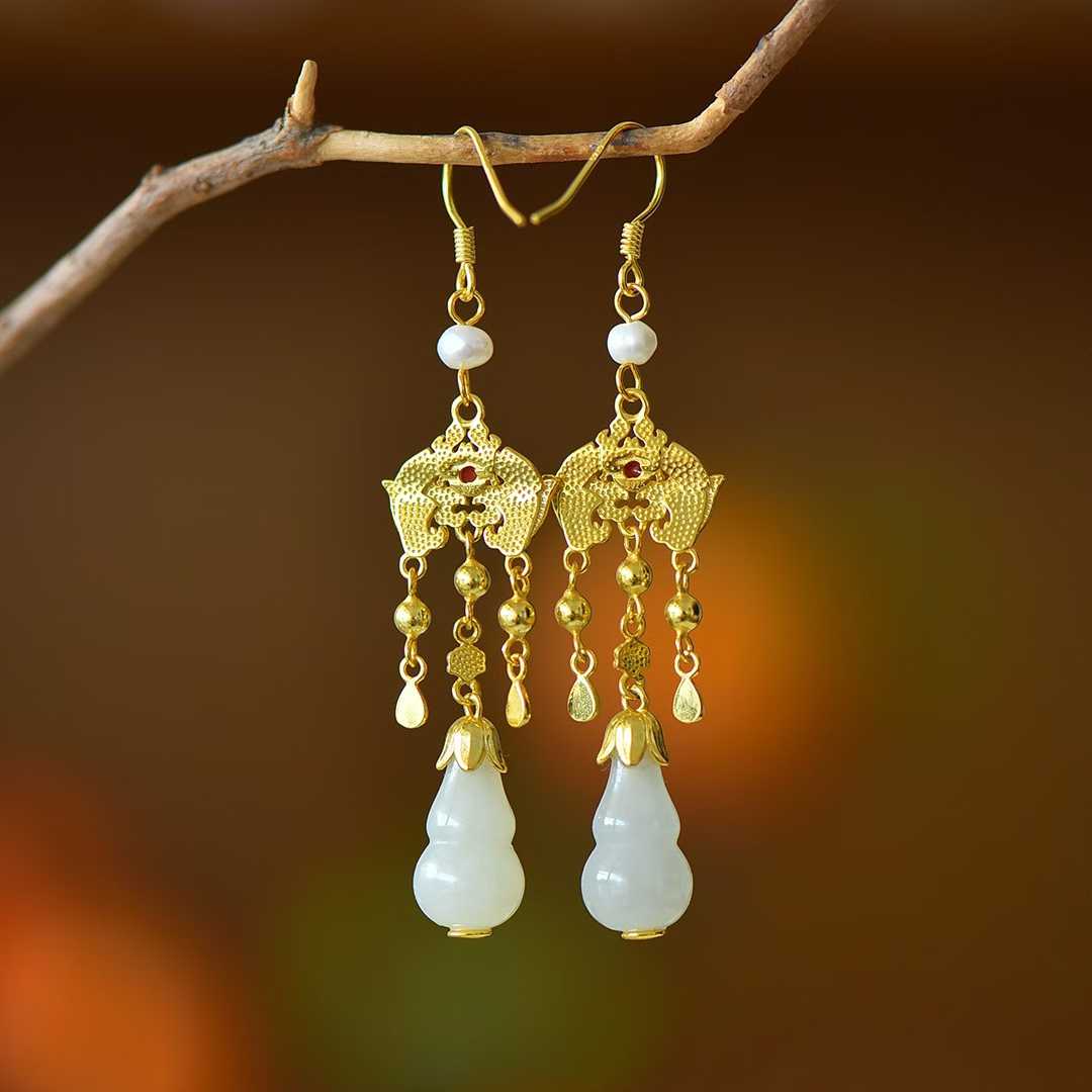925 Silver Inlaid Hetian Nephrite "Gourd: Fortune & Blessing" Tassel Earrings