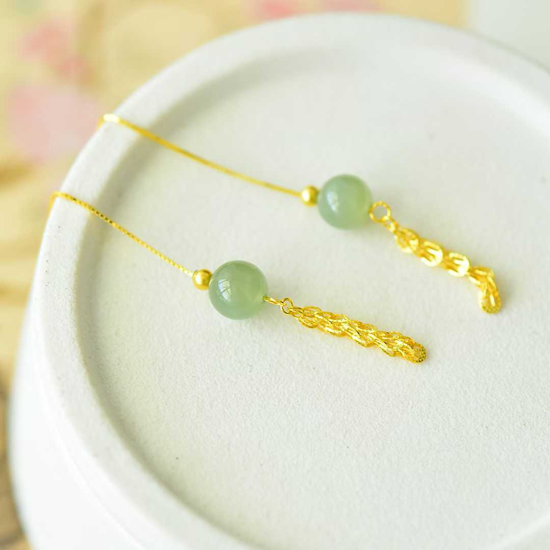 925 Silver Inlaid Hetian Qingshui Jade 8mm Full-Drilled Bead Phoenix Tail Plain Silver Earrings