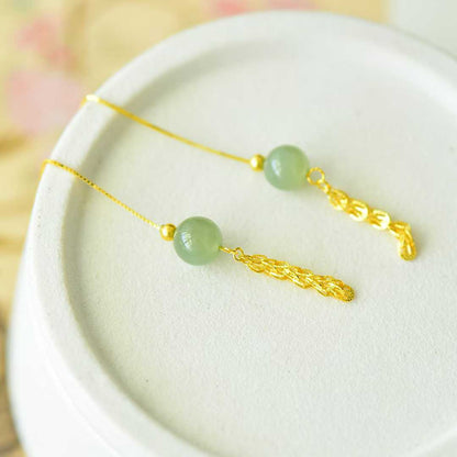 925 Silver Inlaid Hetian Qingshui Jade 8mm Full-Drilled Bead Phoenix Tail Plain Silver Earrings