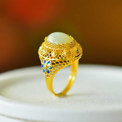 925 Silver Inlaid Nephrite "All the Way Blossoming" Ring