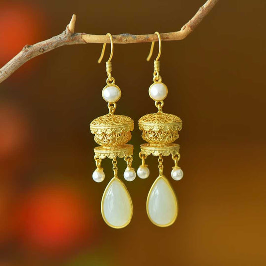 925 Silver Inlaid Nephrite Filigree Hollow Earrings