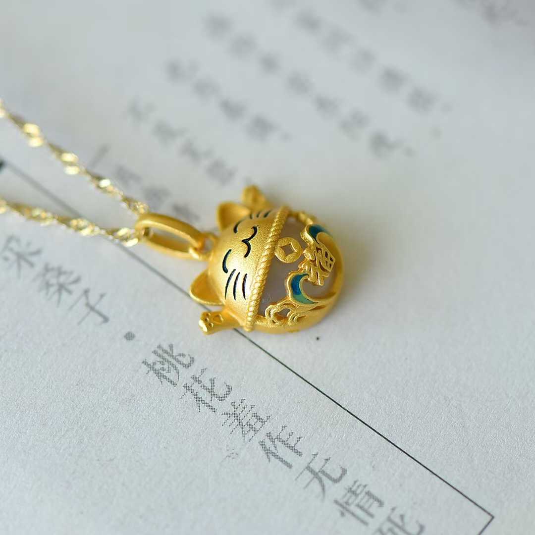 925 Silver Inlaid Nephrite "Lucky Fortune Cat" Pendant