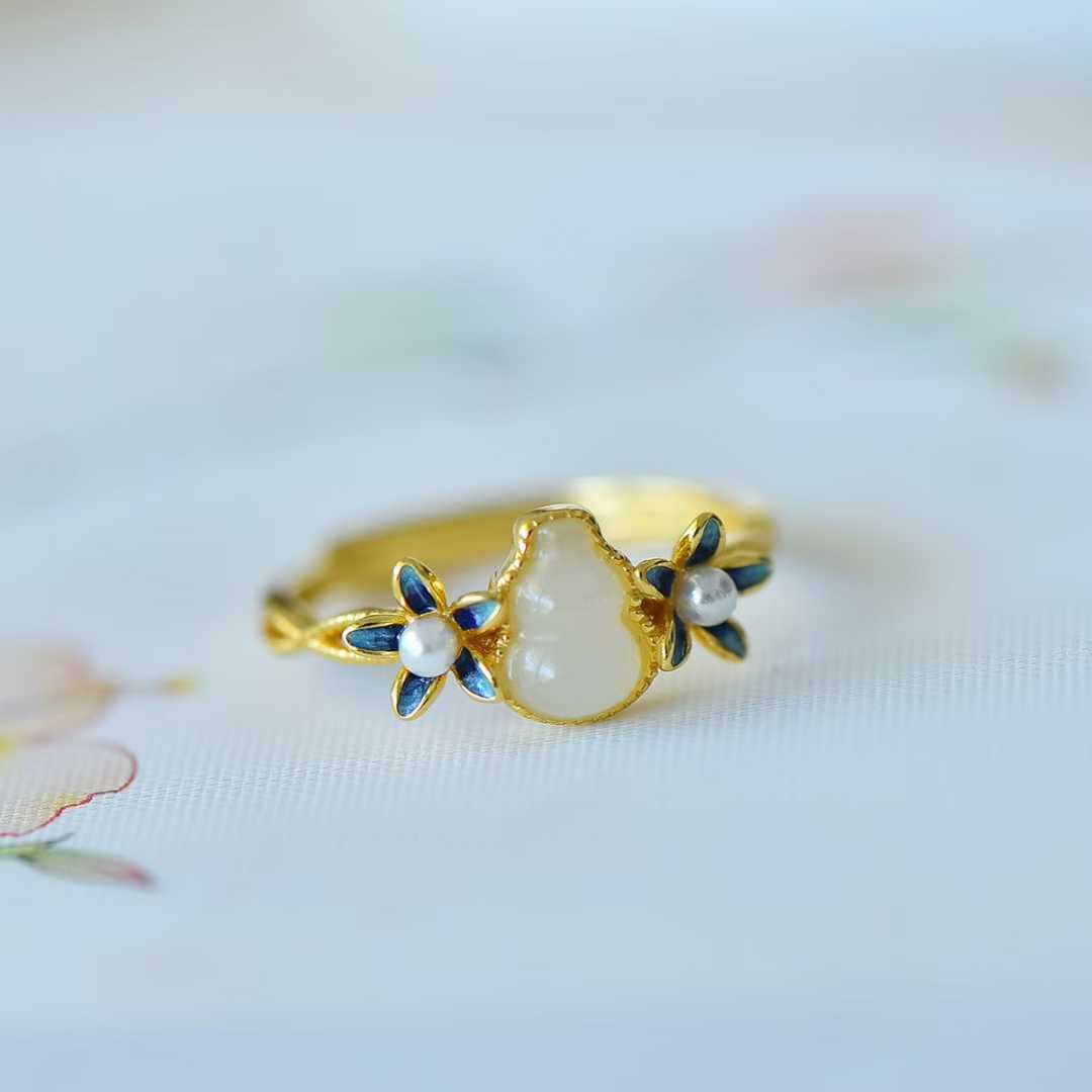 925 Silver Inlaid Hetian Nephrite "Gourd & Orchid" Ring