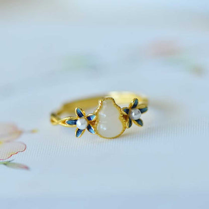 925 Silver Inlaid Hetian Nephrite "Gourd & Orchid" Ring