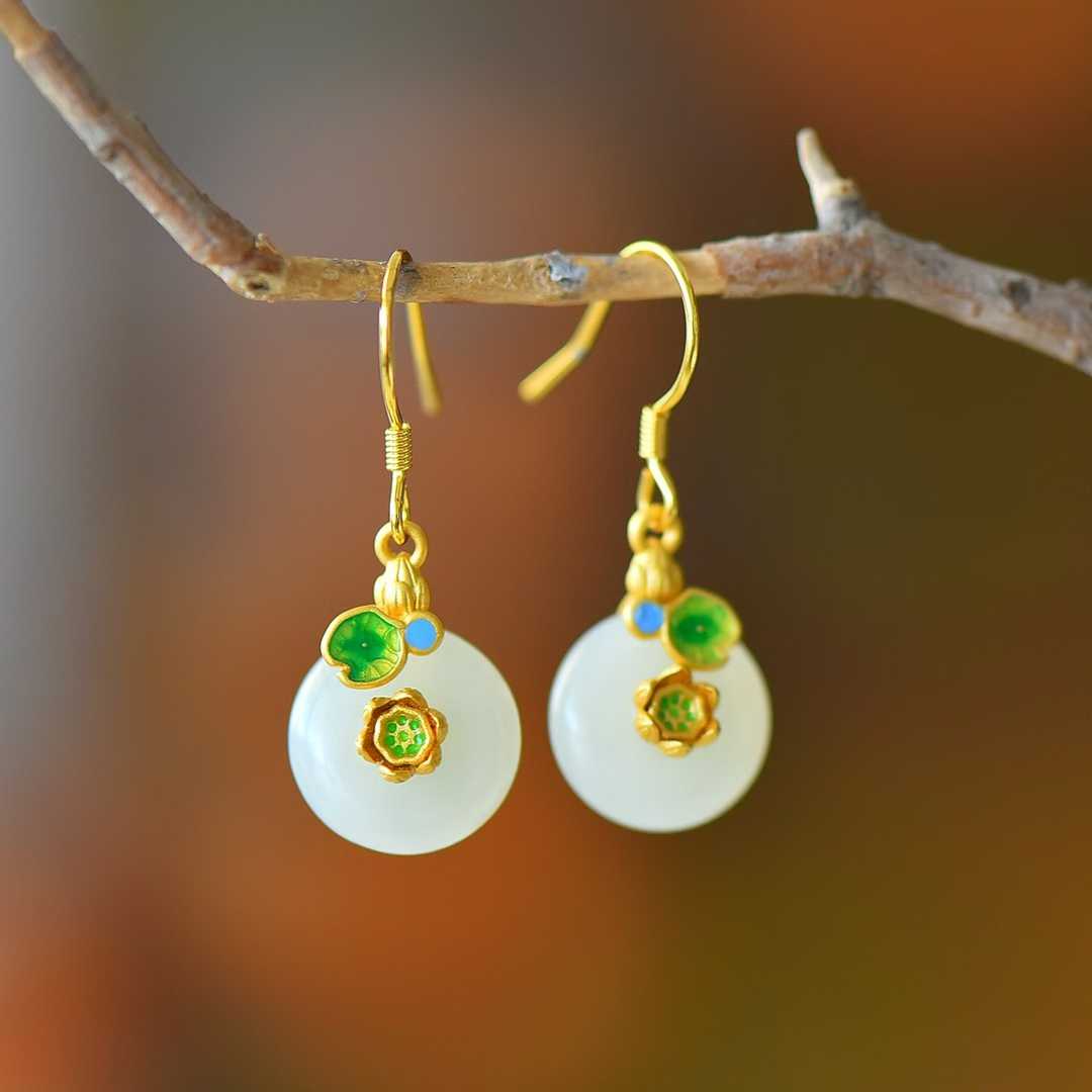 S925 Silver Inlaid Hetian Nephrite "Lotus Steps" Jewelry Set