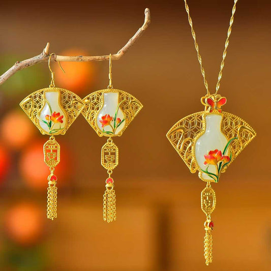 Vintage-Style Silver Inlaid Hetian Nephrite "Peace Vase" Tassel Set