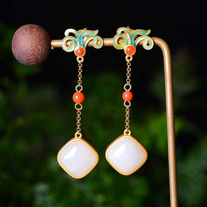 925 Silver Inlaid Natural Nephrite Drum-Face Earrings