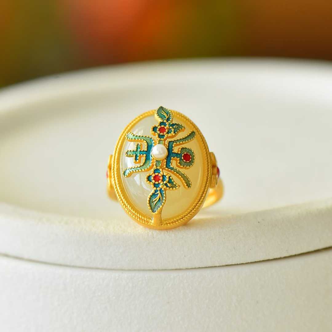 925 Silver Inlaid Enamel & White Hetian Nephrite "Blessing & Longevity" Ring