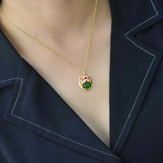 S925 Silver Inlaid Hetian Jadeite (Jasper) "Tiger" Pendant
