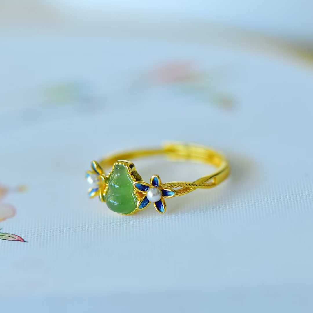 925 Silver Inlaid Hetian Nephrite "Gourd & Orchid" Ring