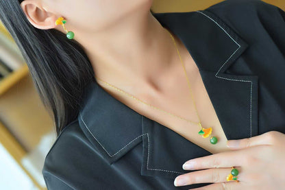 S925 Silver Inlaid Nephrite Green Jade "Apricot Blossoms for You" Jewelry Set