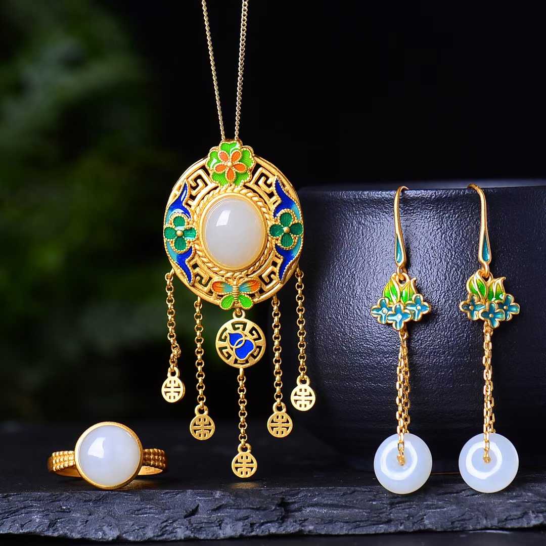 925 Silver Inlaid Hetian Jade Set