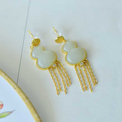 925 Silver Inlaid Hetian Nephrite "Gourd & Tassel" Earrings