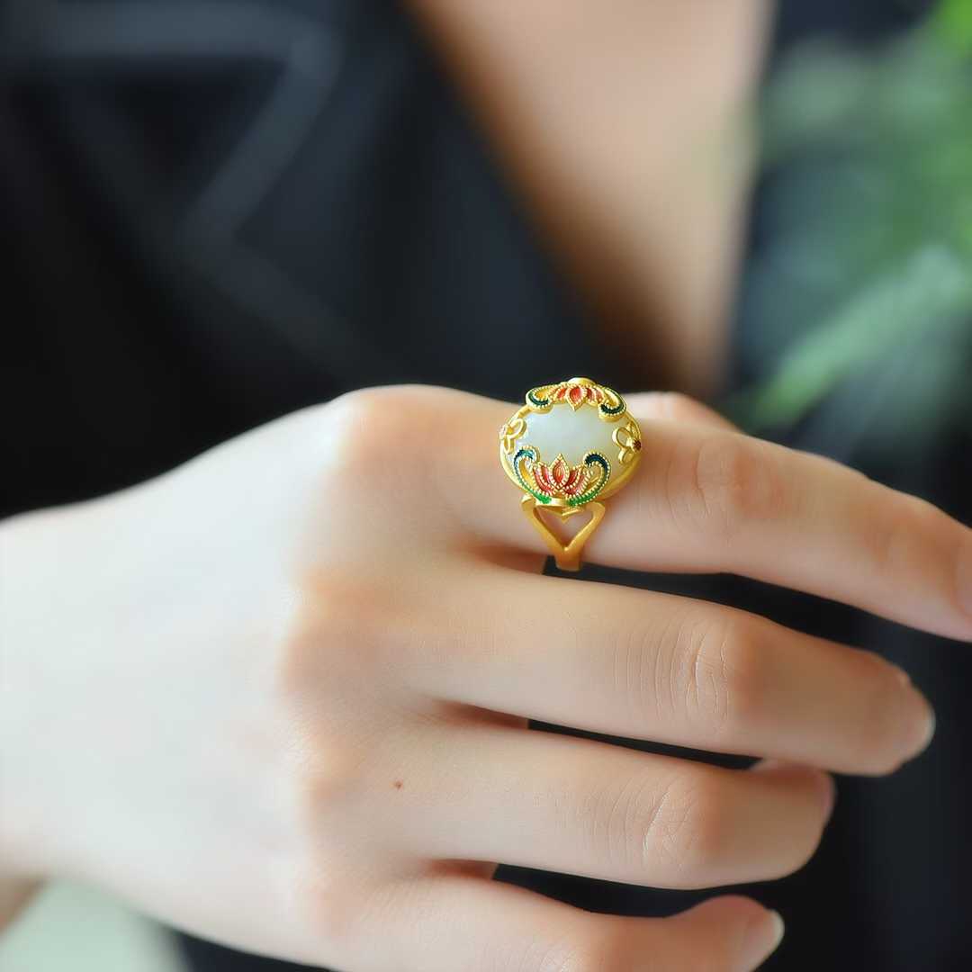 925 Silver Inlaid Red Enamel & White Hetian Nephrite Cabochon Ring