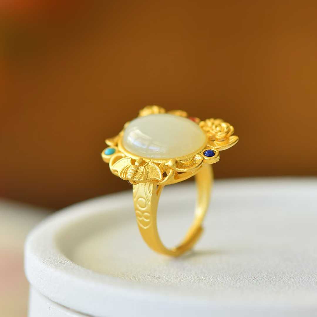 S925 Silver Inlaid Hetian Nephrite "Happiness Before One's Eyes" Ring