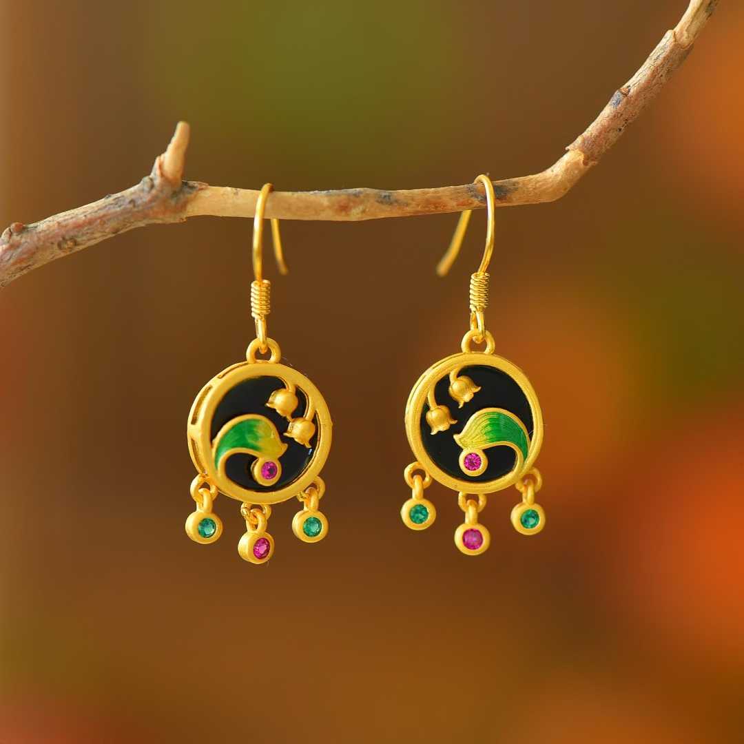 925 Silver Inlaid Hetian Black Nephrite "Lily of the Valley in Bloom" Earrings