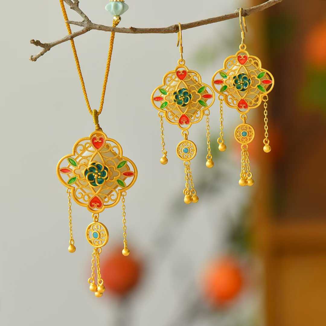 925 Silver Inlaid Hetian Nephrite "Flourishing Blossoms" Jewelry Set