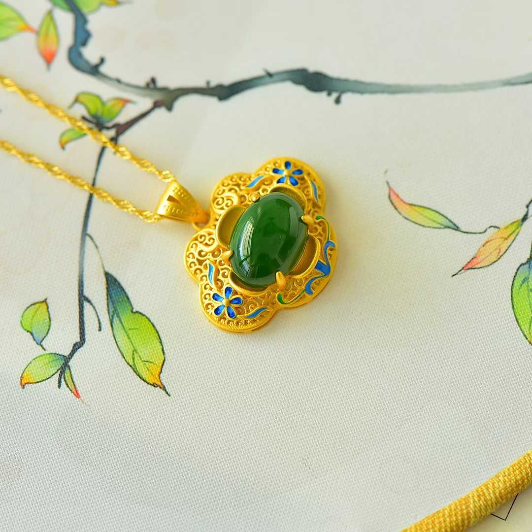 925 Silver Inlaid Hetian Green Nephrite "Blooming Prosperity & Enamel" Pendant