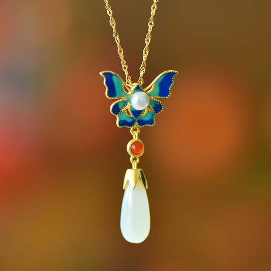 Vintage-Style Silver Inlaid Hetian Nephrite "Butterfly Dancing Gracefully" Jewelry Set