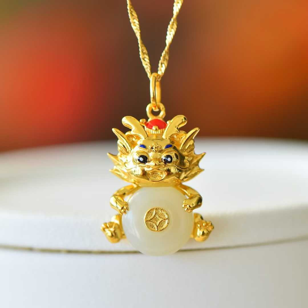 925 Silver Inlaid Nephrite "Ping An Kou" with "Flowing Wealth" Little Fortune Dragon Pendant