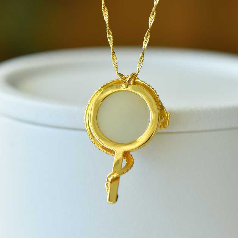 925 Silver-Inlaid Hetian Jade Pendant with Round Drum-Shaped Surface & "Dragon Soaring Across the Four Seas" Design