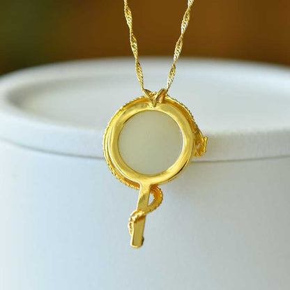 925 Silver-Inlaid Hetian Jade Pendant with Round Drum-Shaped Surface & "Dragon Soaring Across the Four Seas" Design