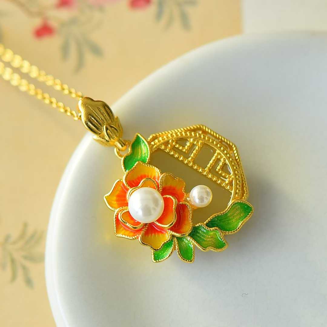 925 Silver Inlaid Hetian Nephrite "Blooming Prosperity" with Pearl Pendant