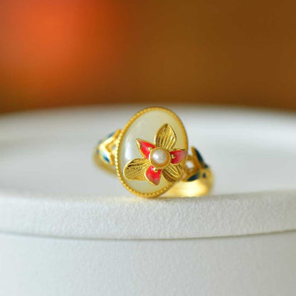 925 Silver Inlaid White Hetian Nephrite "Butterfly on Flower" Ring