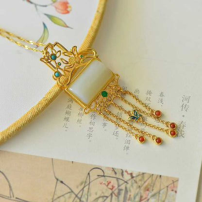 925 Silver-Inlaid Hetian Jade Pendant with "Lotus (Symbolizing Harmony & Bliss)" Design & Tassel