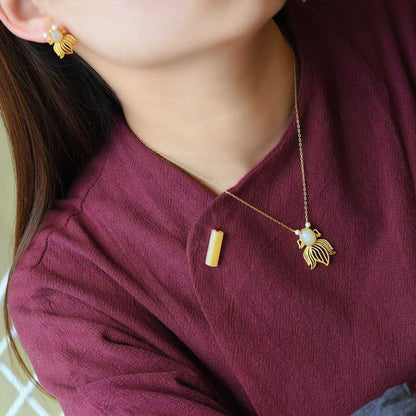 925 Silver Inlaid Nephrite Jewelry Set with Thick Matte Gold Fish Pendant
