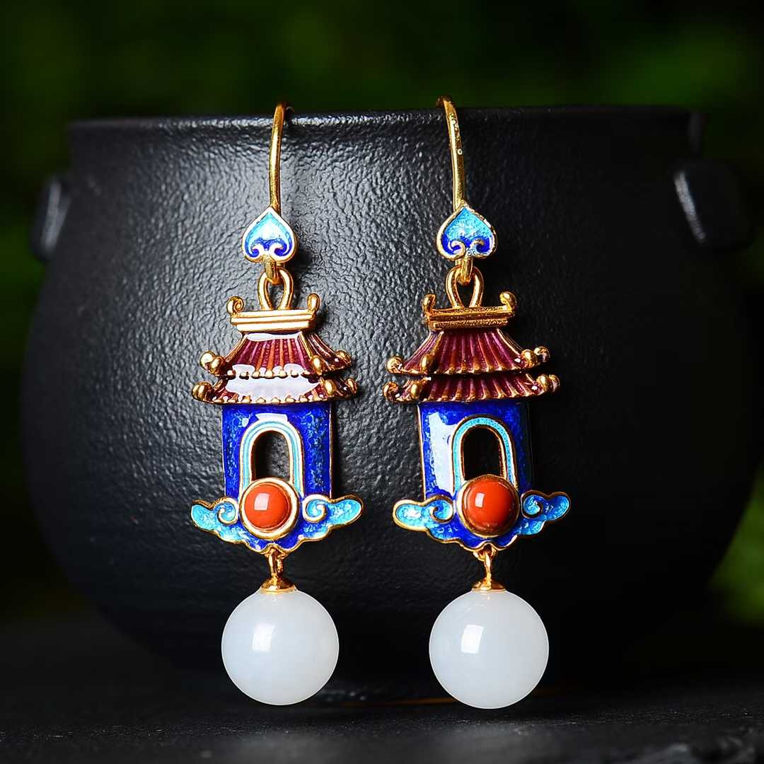 925 Silver Inlaid 10mm White Jade Enamel Earrings