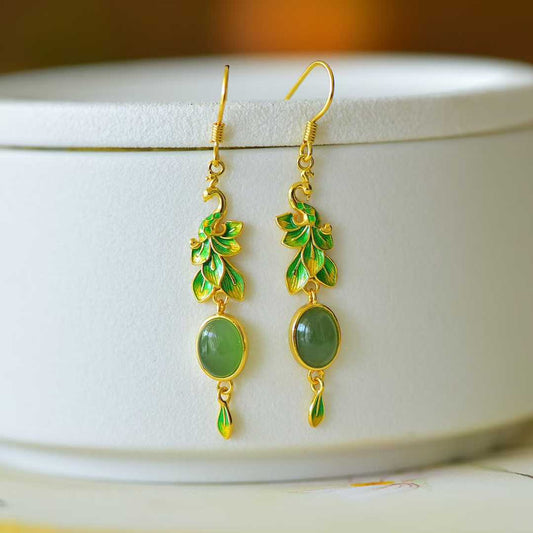 925 Silver Inlaid Hetian Jadeite (Jasper) "Peacock Feather" Earrings