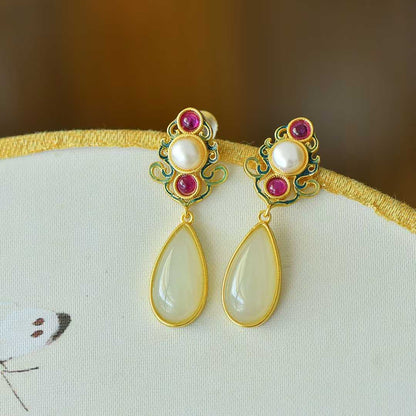 925 Silver Inlaid Nephrite "Precious as Ever" Teardrop Stud Earrings