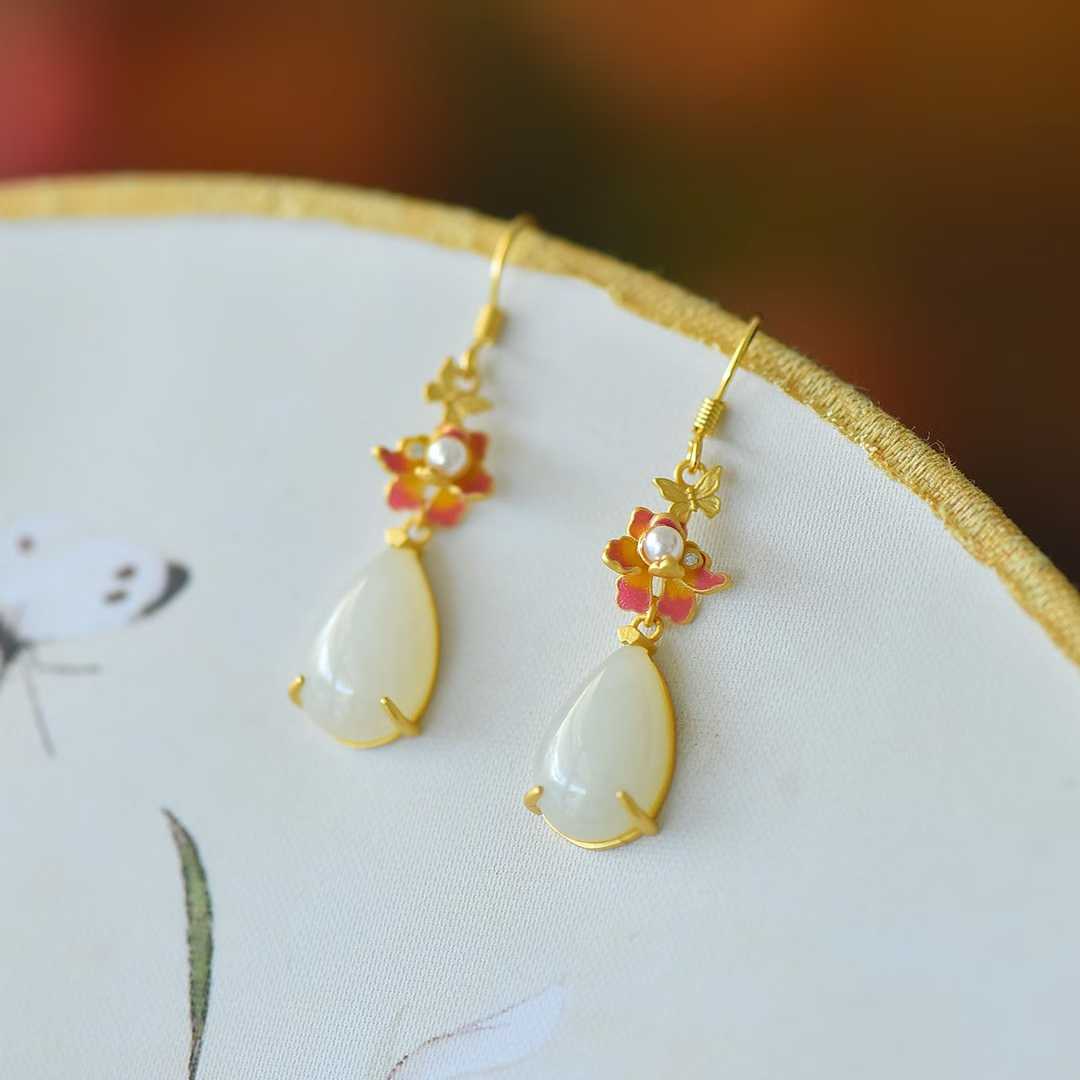 925 Silver Inlaid Nephrite "Butterfly & Flower" Teardrop Earrings