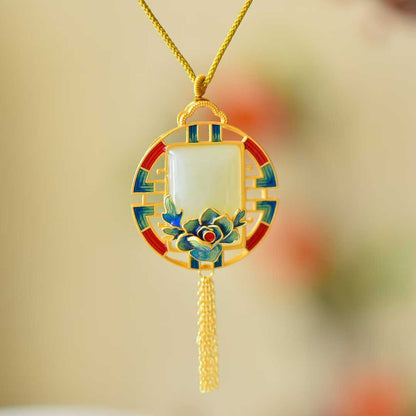 925 Silver Inlaid Nephrite Fan-Shaped "Shunxin Zhuyi" Tassel Pendant