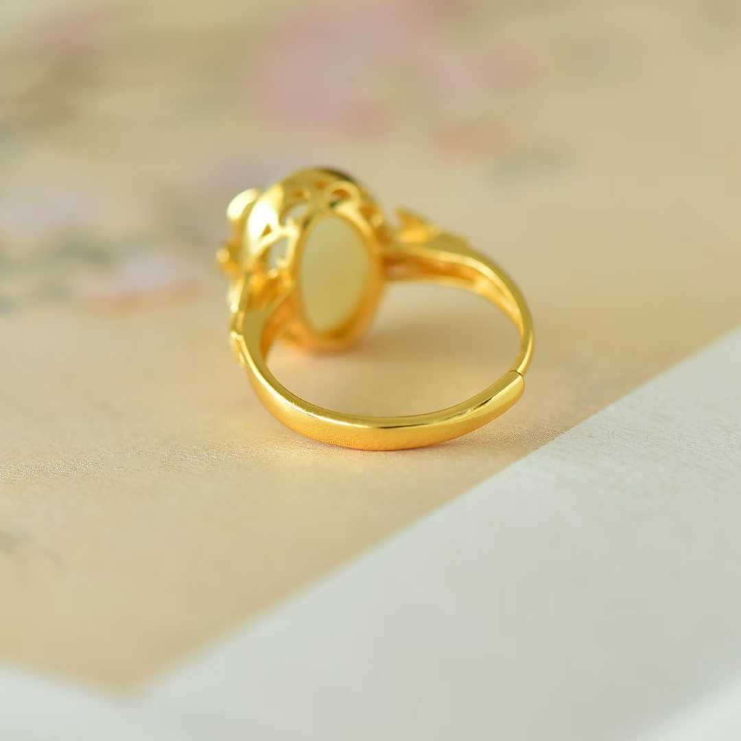 925 Silver Inlaid White Hetian Nephrite "Butterfly on Flower" Ring