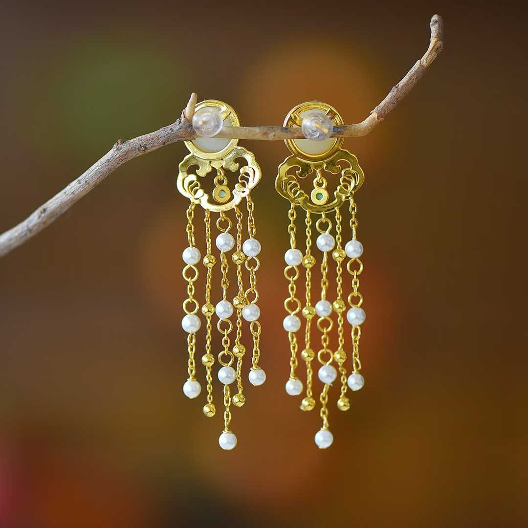 925 Silver Inlaid Hetian Nephrite "Auspicious Clouds Shining" Tassel Earrings
