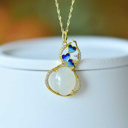 925 Silver Inlaid Hetian Nephrite "Butterfly Loves Flower & Gourd" Pendant